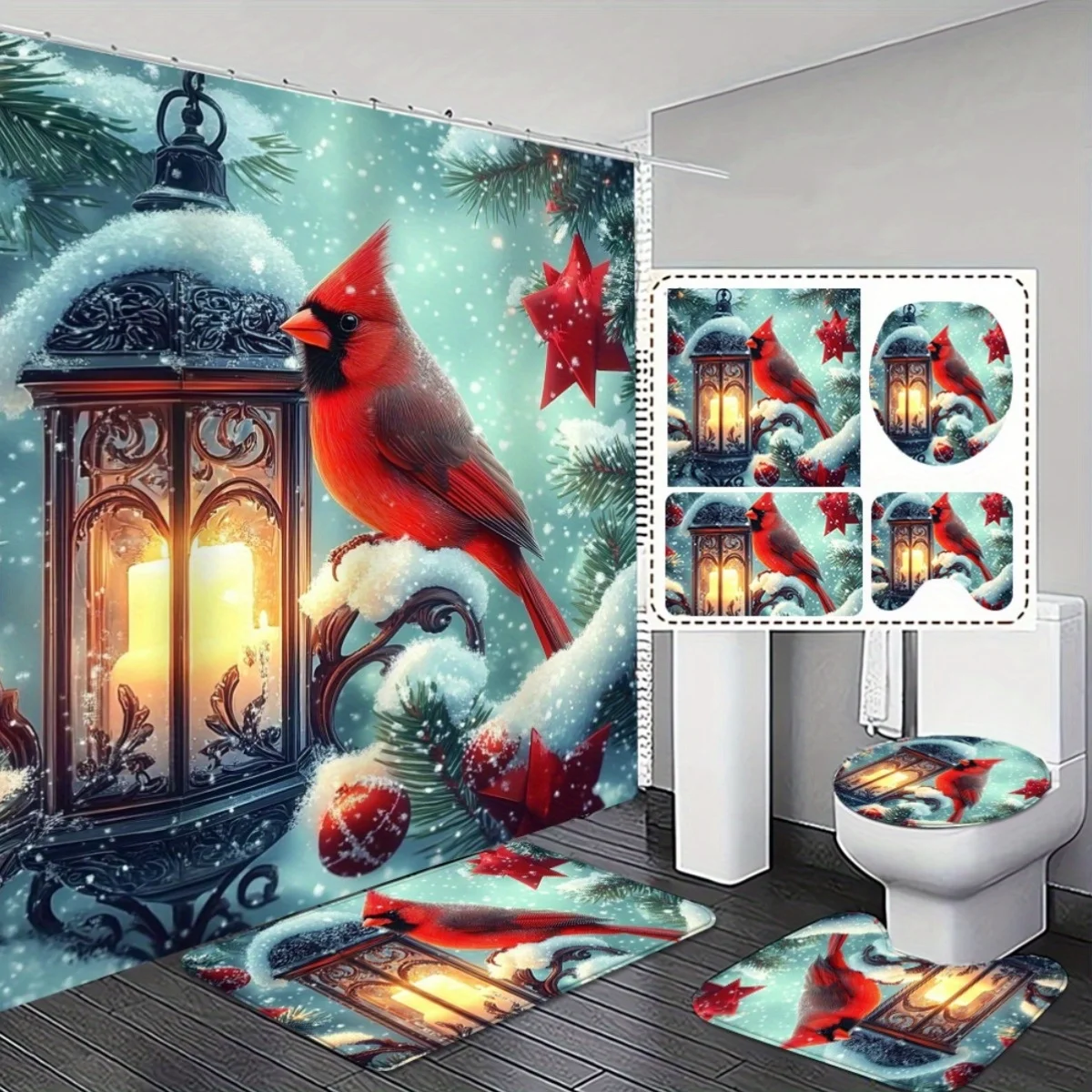 

4pcs Christmas Bathroom Decor Set with Non-Slip - Red Cardinal & Snowy Winter Scene Shower Curtain &, Durable Fabric, Machin