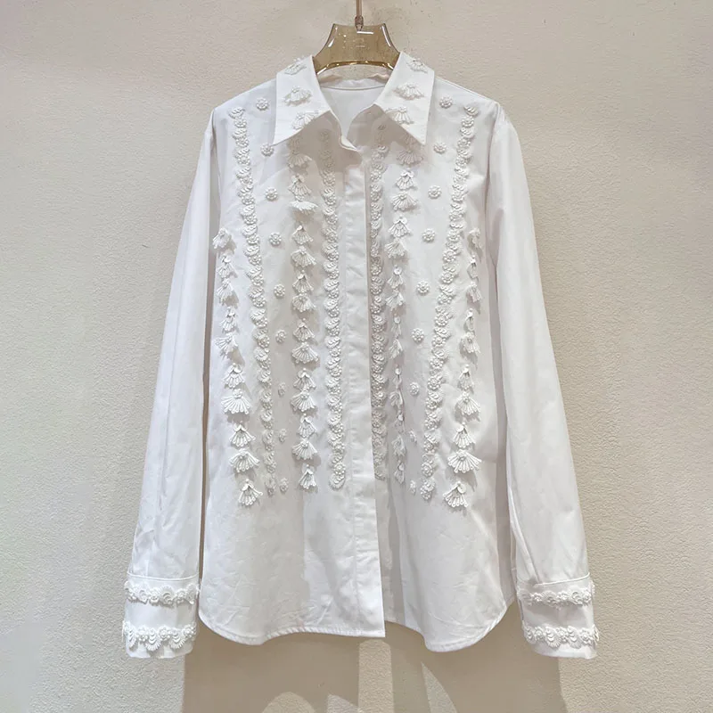 

2025 Autumn Three-dimensional Flowers White Shirt Long Sleeve Sequins Embroidery Women Loose Cotton Top