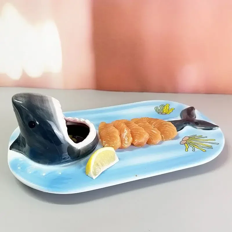 Unique Shark Design Ceramic Dinner Plate, Funny Seafood Serving Platter for Sushi/Sashimi