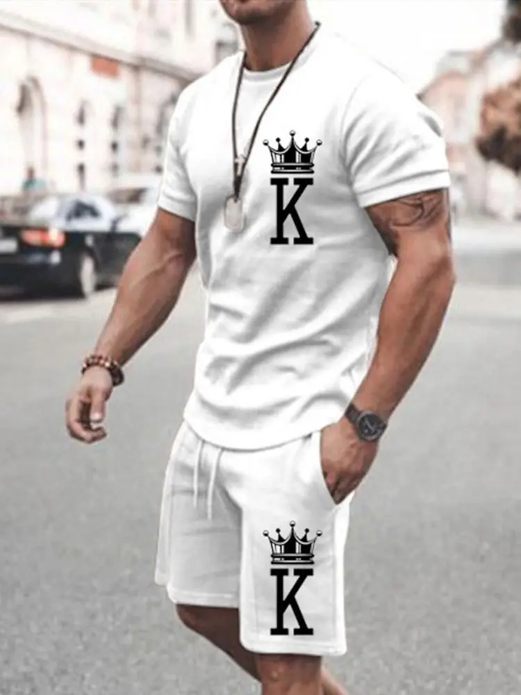 2024 New Men\'s T-Shirt Set Fashion 3D Printing K Solid Color 2-piece Set Street Shirt Shorts Pants Oversized Suit Men\'s Clothing