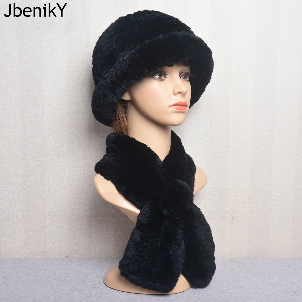 

New Winter Luxury Women Real Rex Rabbit Fur Hat Scarf 2 Pieces Knitted Warm Rex Rabbit Fur Hat Natural Real Fur Cap Scarves Sets
