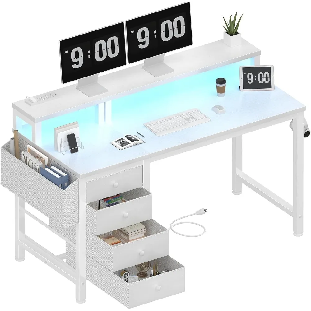 

White desk, 4 drawers - 47 "game table, monitor stand, LED lights, power outlet and fabric drawer with storage bag