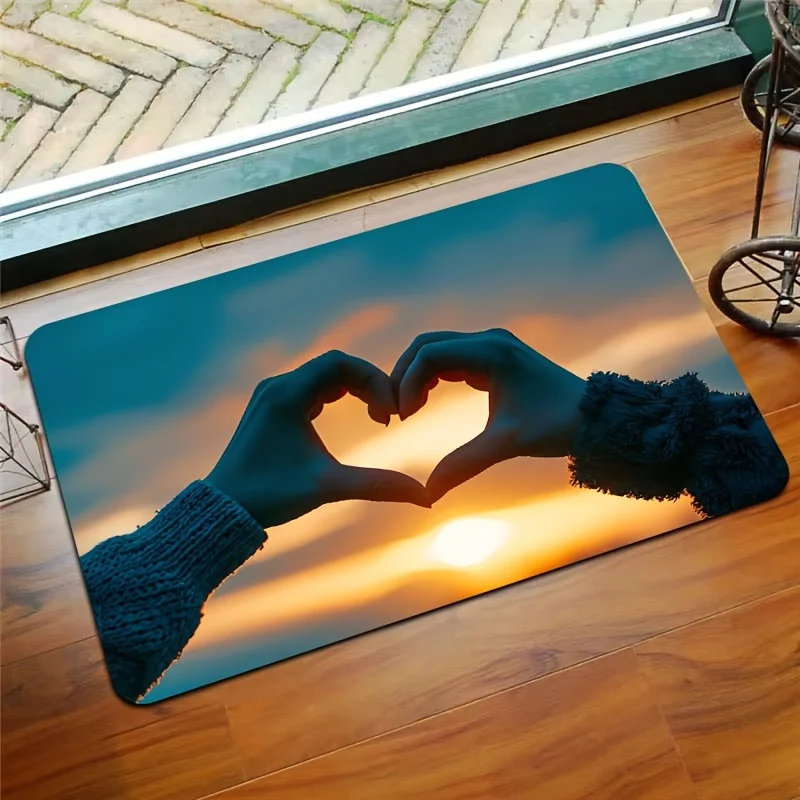 Sunrise Love Heart Hand Gesture Gaming Area Rug, Soft Non-Slip Indoor Outdoor Floor Mat for Bedroom and Living Room