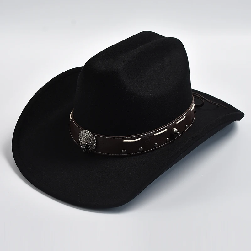 New Vintage Western Cowboy Hat with Punk Belt Men\'s Gentleman Cloche Church Caps Lady Roll Up Jazz Cowgirl Hats