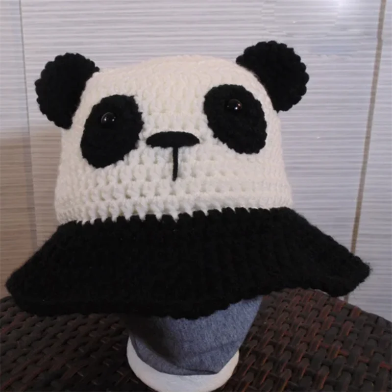 Pure hand knitting Chinese Panda Hat Halloween Knitted Ears Winter Beanie for Hot children Winter Cap Warm New cross-border