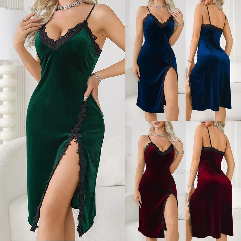 

Velvet Suspender Nightgown Sexy Lace Split Chemise Nightdress Long Velour Sleepwear Home Dressing Gown Intimate Lingerie Pajamas