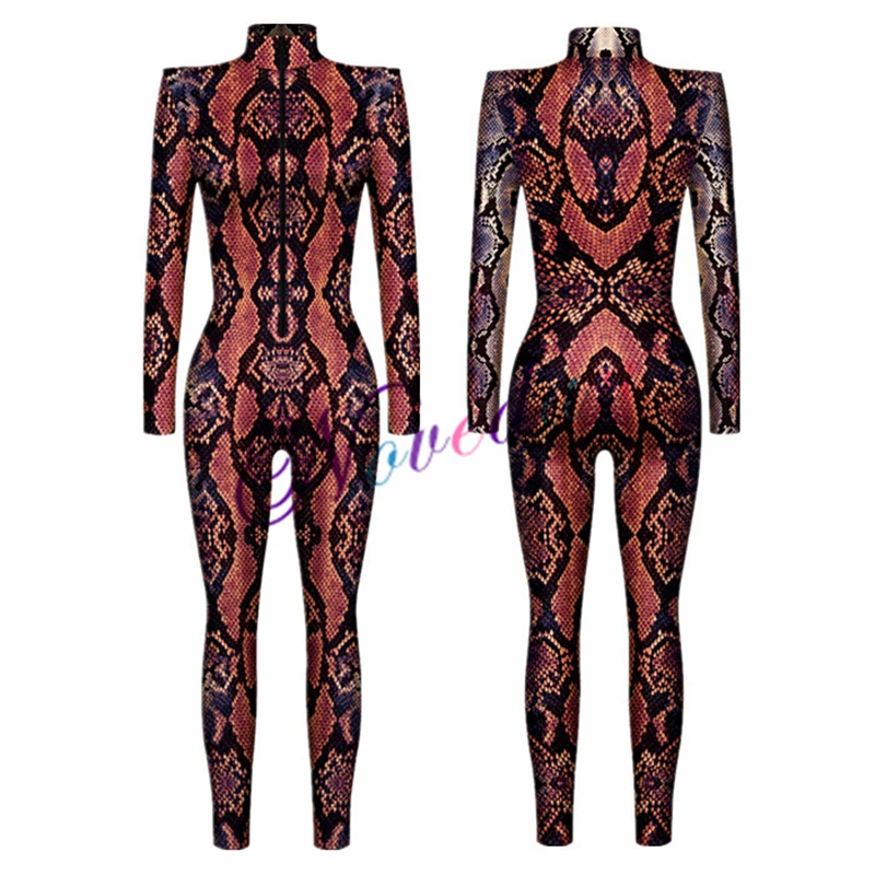 Animal Scales Peacock Feather Snake Skin 3D Skeleton Punk Gothic Women Sexy Halloween Slim Jumpsuit Cosplay Costume Bodysuit