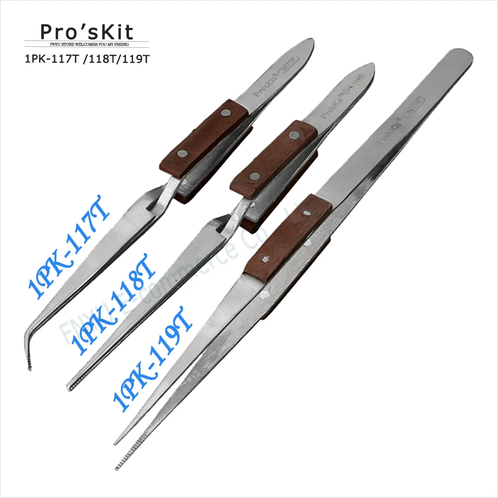 

Pro'sKit magnetic tweezers wood handle rebound type dense repair stainless steel clamping tool 1PK-117T 1PK-118T 1PK-119T