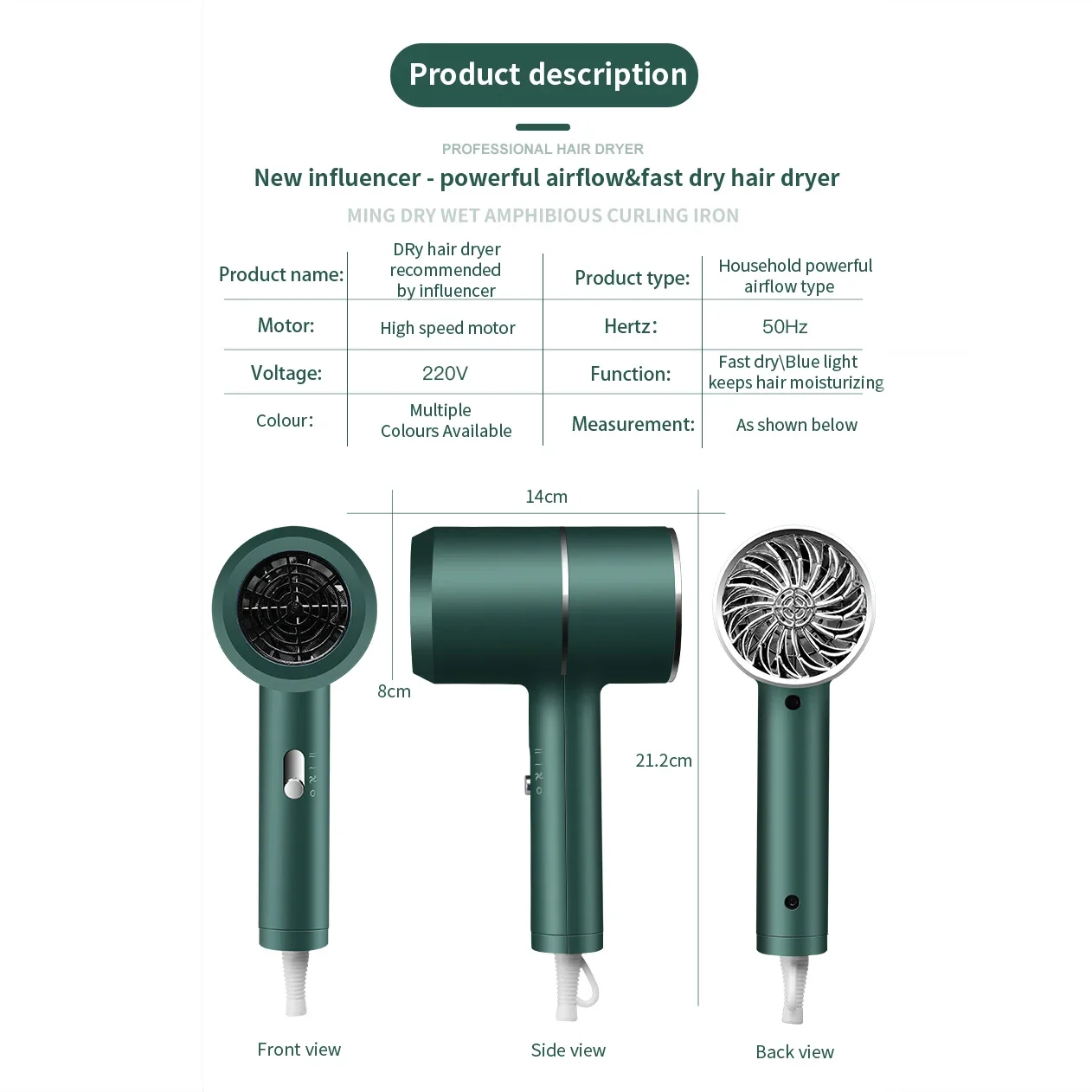 Hair Dryer Household Heating and Cooling Anion Hair Dryer For Home Travel Care Mini Portable Power HairDryer Blow