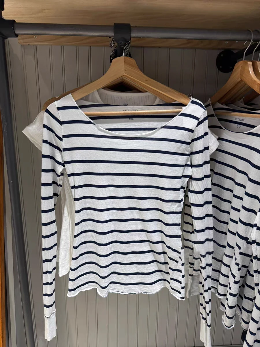 Navy Striped Slim T-shirts Woman Sexy Slash Neck Raw Hem Long Sleeve Tshirts Female Vintage Casual Preppy Style New Tee Tops Y2k
