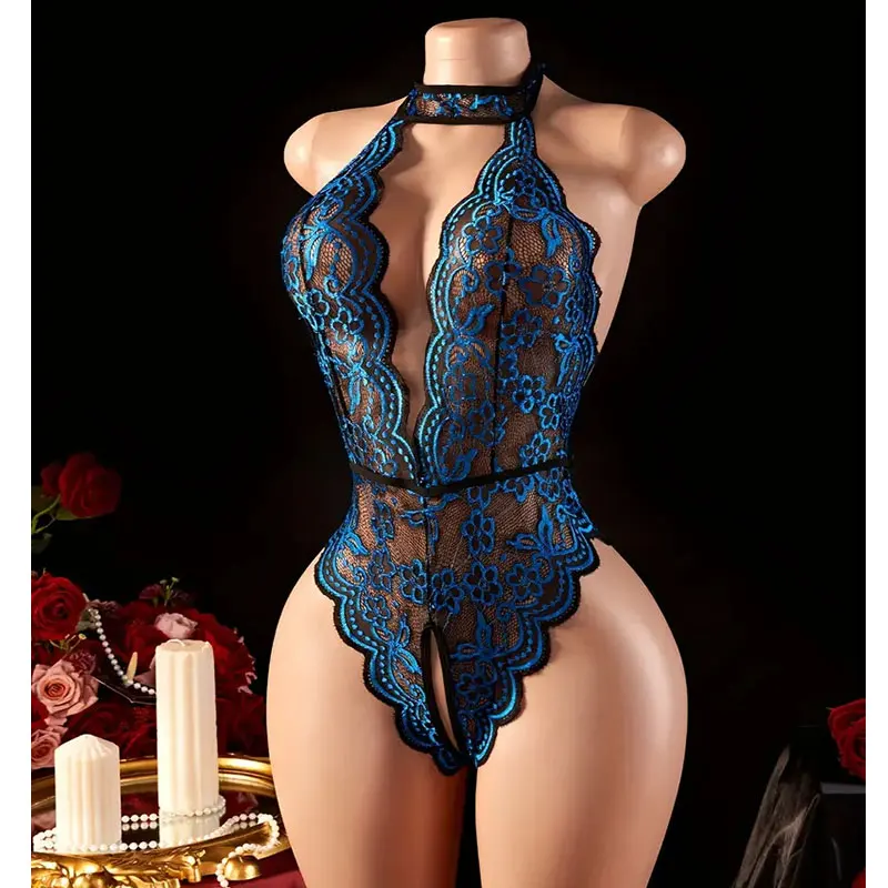 Delicate Embroidered Women's Lingerie Sexy Backless Crotchless Bodysuit Deep V Pajamas Lace Corset  Erotic Bras Desire Underwear