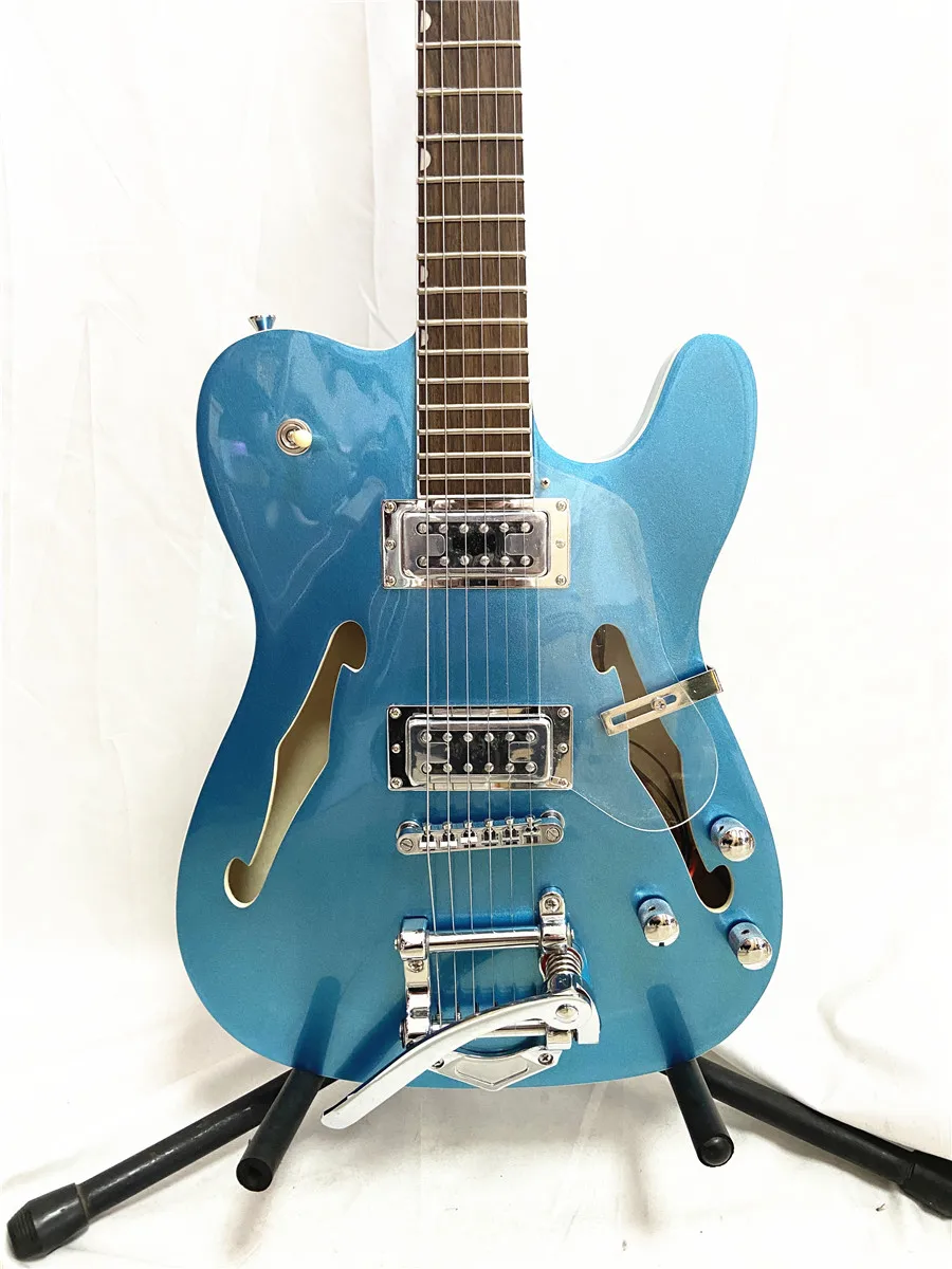 Blue double F-hole drum jazz 6 string electric guitar rose wood fingerboard tremolo free shipping