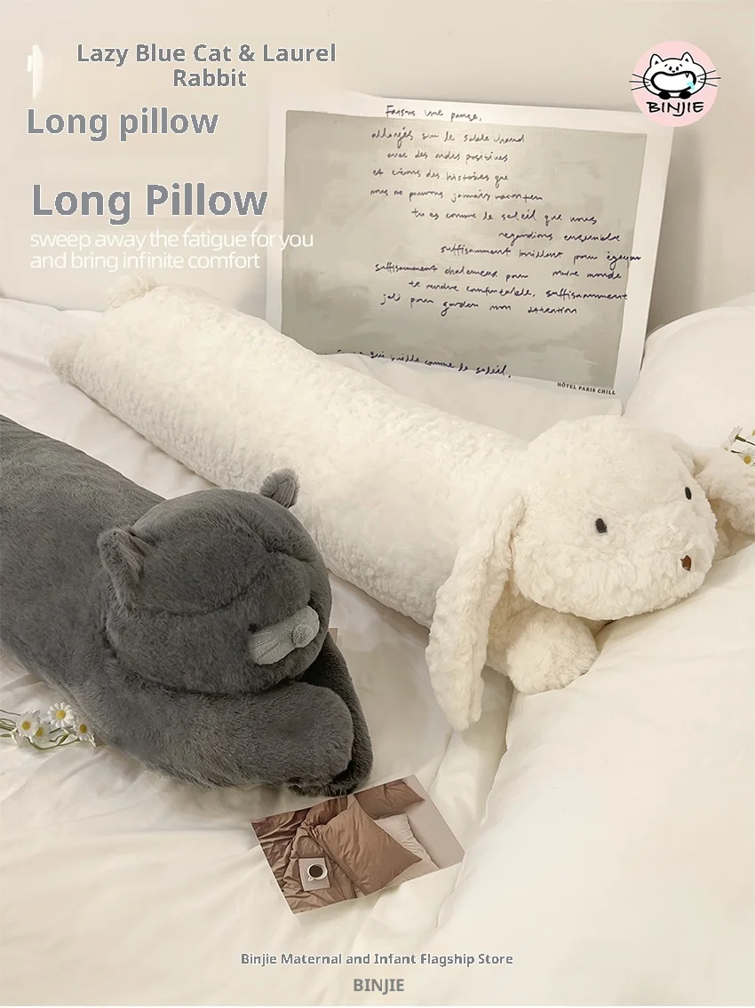 وسادة حيوانات محشوة طويلة - تصميم رائع للقطط الزرقاء والأرنب، دمية قطيفة قابلة للغسل في الغسالة لرفيق راحة سرير الأريكة #1