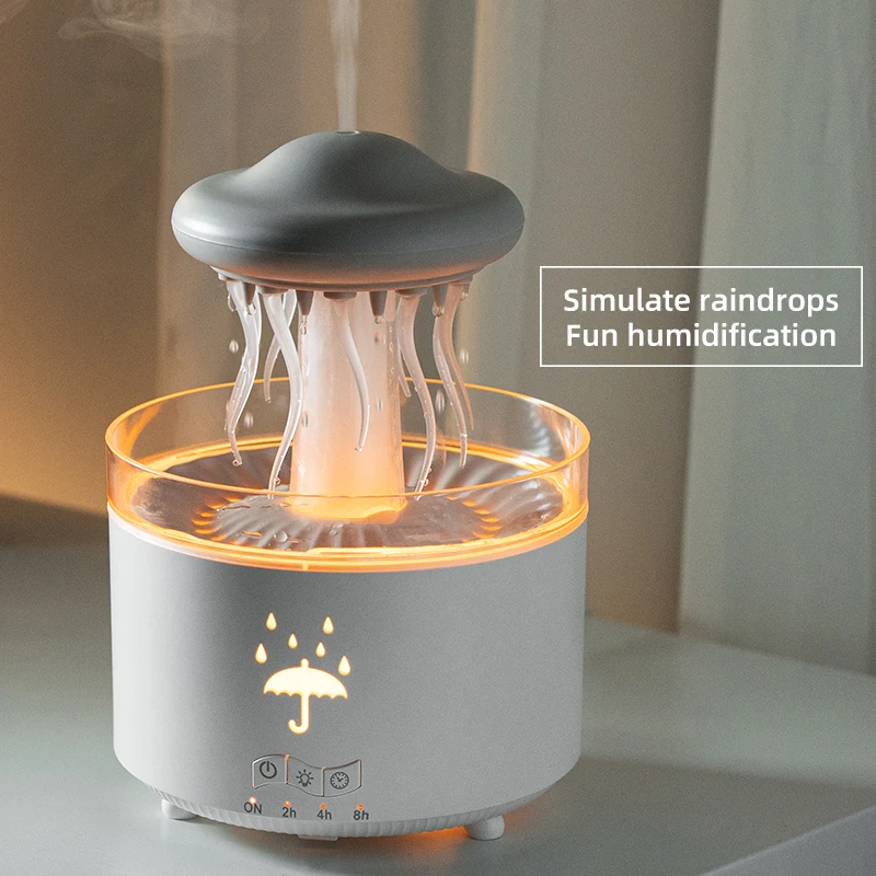 Umidificador de gota de chuva para quarto, escritório, difusor de óleo essencial com luz led de 7 cores, 300ml, umidificador dinâmico de água-viva, uso da ue