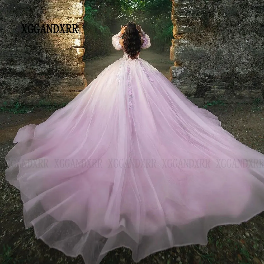 

Pink Quinceanera Dress Puffy Long Sleeves Flower Applique Birthday Party Ball Gown Sweet 15 16 Vestidos De 15 Años Quinceañeras