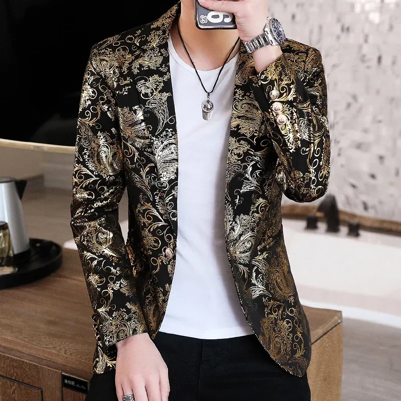 

Gold Blazer 2024 Spring New Bronzing Men Boutique Fashion Slim Fit Suit Jacket Wedding Nightclub Stage Party Dress Male Clothing