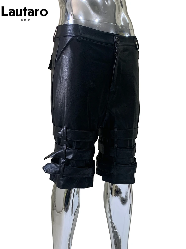 Lautaro Summer Cool Hard Black Pu Leather Shorts for Men with Many Belt High Waist Short Punk Style European Fashion Emo Clothes