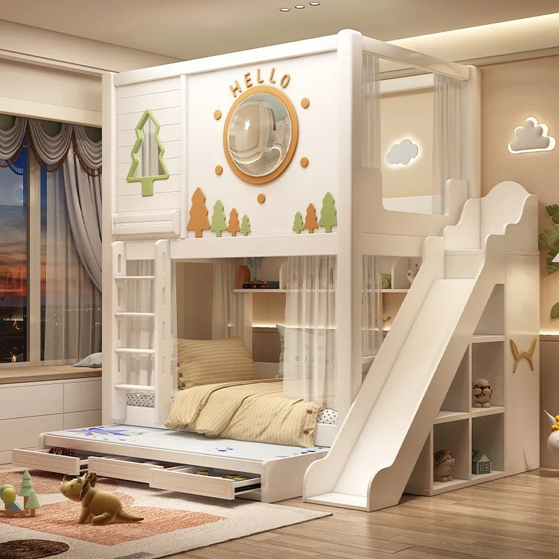 parallel two-layer double-layer bunk bed, mother-child guardrail, simple sibling-height combination bed with children's bed