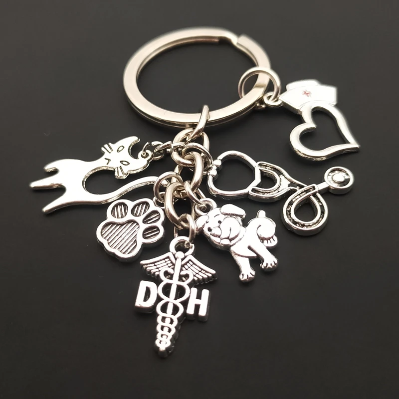 Hot Vet Keyring Silver Color Stethoscope Animal Charms Animal Dog Cat Nurse Key Chains Veterinary Jewelry Gift