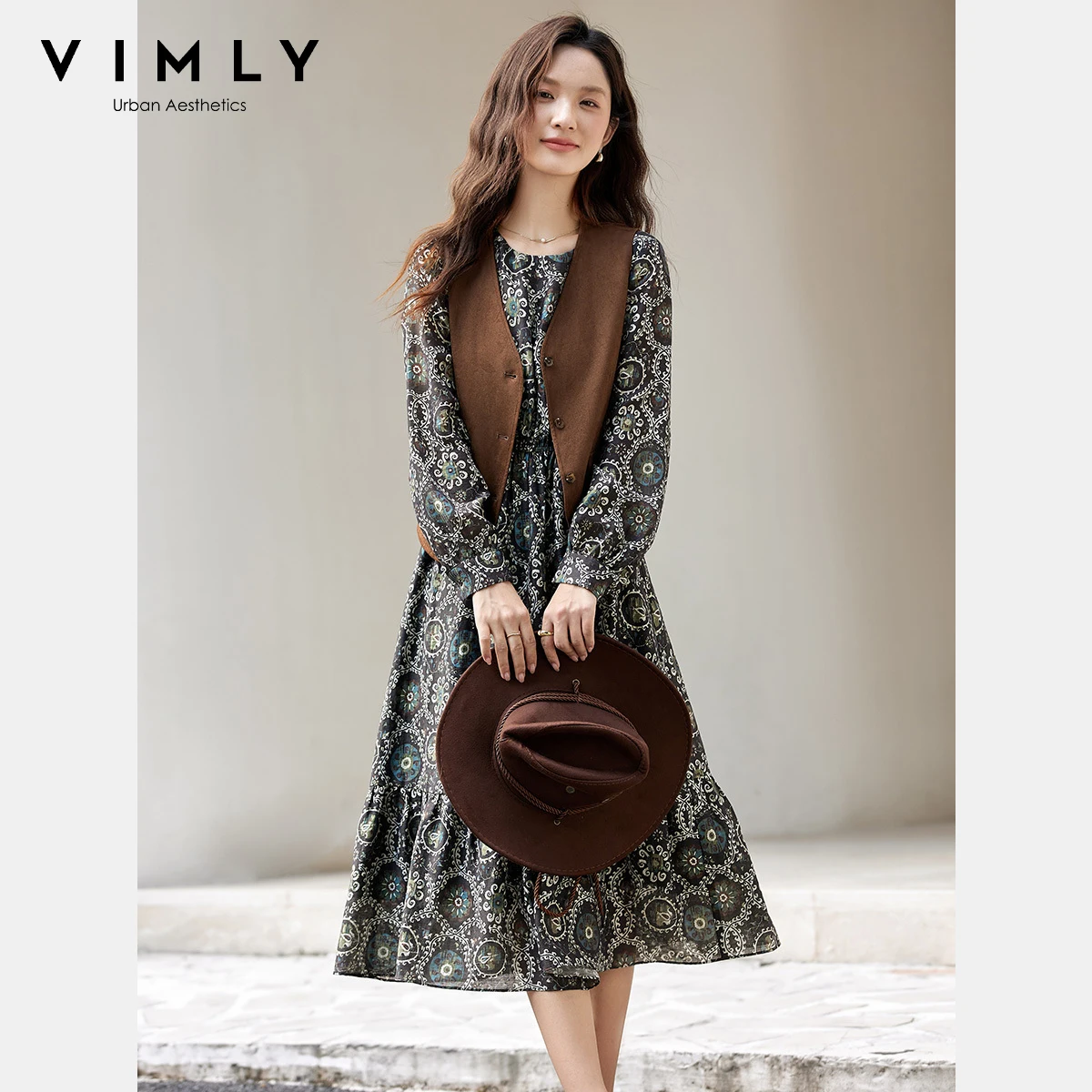 VIMLY trajes de vacaciones mujer 2025 nuevo vestido traje otoño Vintage marrón chaleco estampado Floral vestidos largos trajes de mujer A2936
