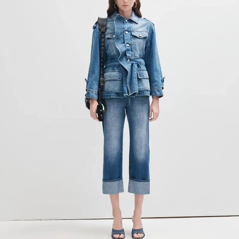 

Women's Fall New Premium Denim Suit, Double Layer Ruffle Hem Irregular Coat Jacket + Rolled Straight Jeans, 2024, y2k