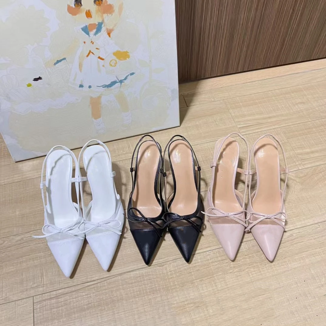 

Bow Pointed High-Heeled Shoes for Women In Spring and Summer Sexy with A Transparent Mesh Cover and Nude Color, Thin Heel