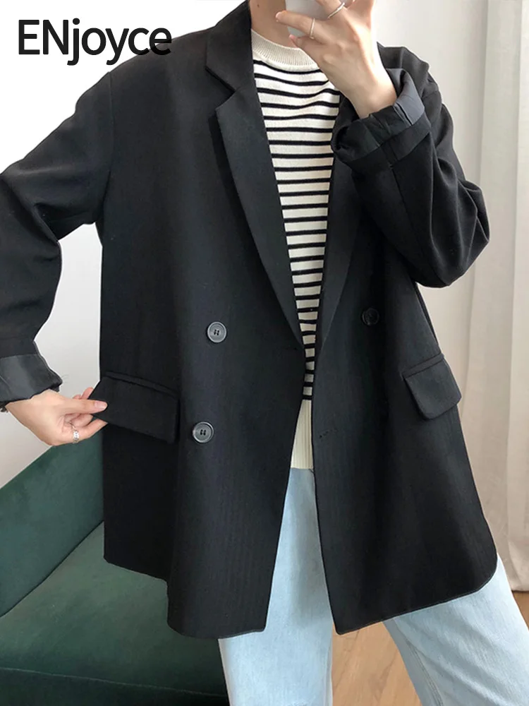 

ENjoyce Spring Fall Women Vintage Double-Breasted Striped Blazer Long Sleeve Korean Workwear Suit Jacket Blazers Outerwear Coats