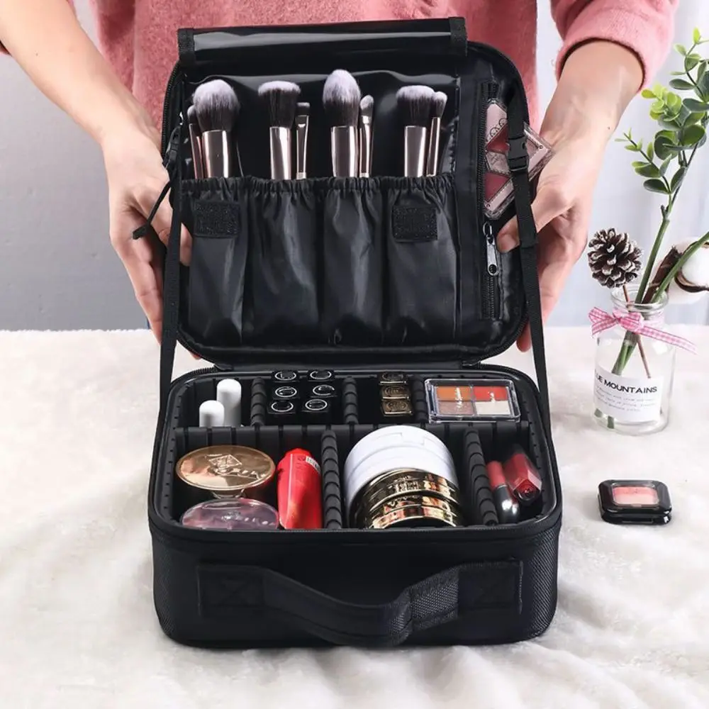 Oxford Cloth Embroidered Makeup Bag Pink Black with Shoulder Strap Makeup Train Cases Large Capacity Lipstick Organizer