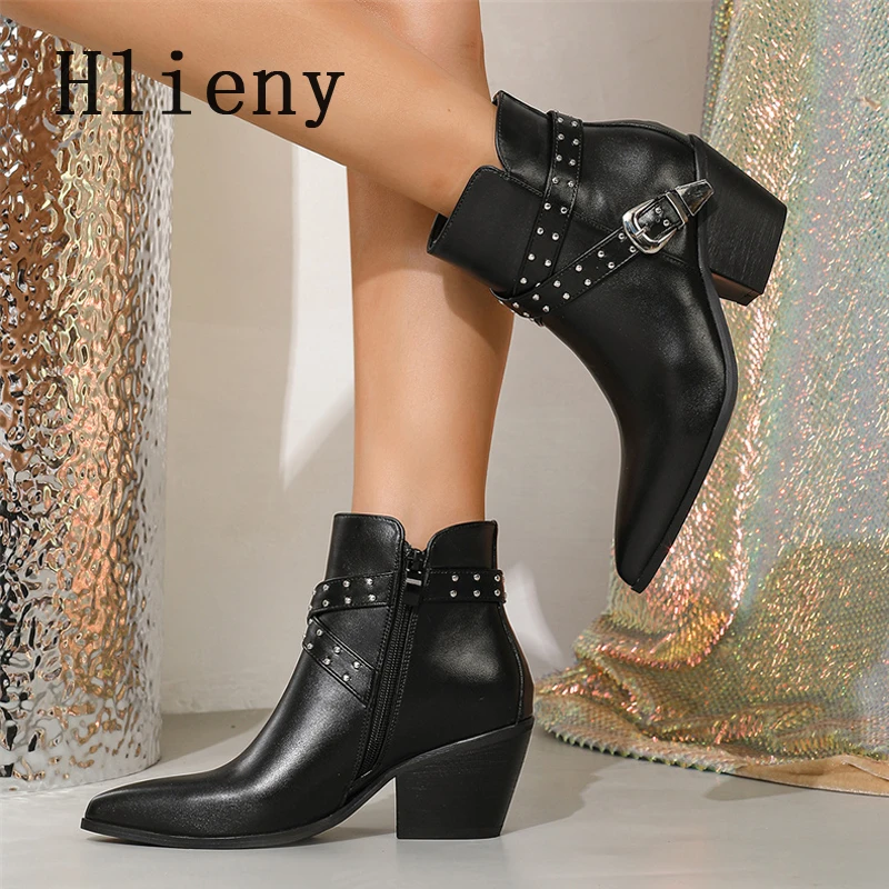 

Hlieny/женские ботинки челси на толстом низком каблуке в стиле ретро с острым носком, черные современные туфли, короткие ботинки до щиколотки с заклепками и пряжкой, Botas