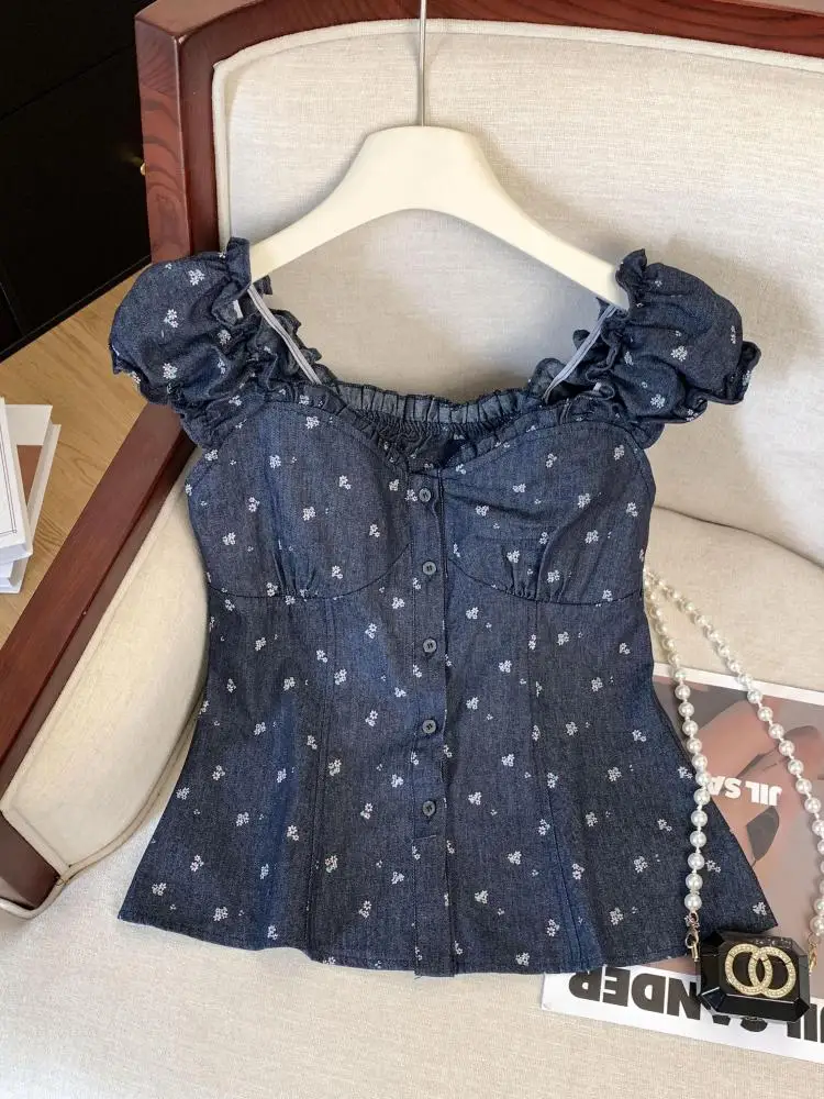 

Summer Korean Fashion Blue Print Denim V Neck Backless Short Shirt Women Vintage Sexy Single Breasted Ruffles Blouse Streetwear