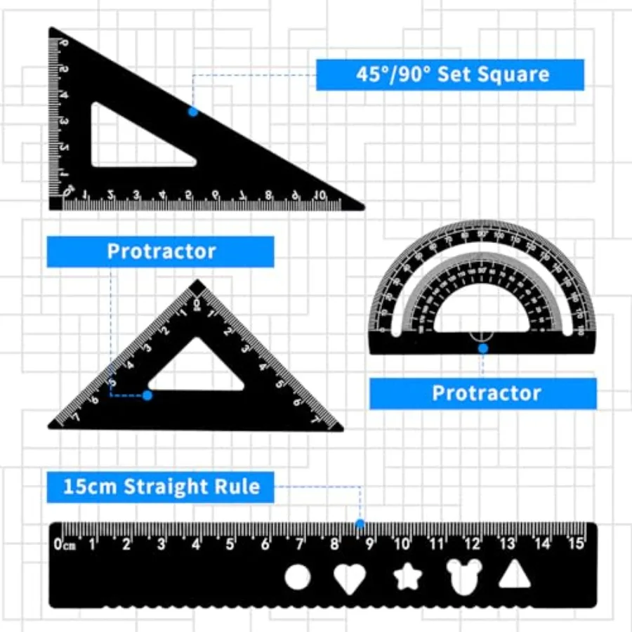 مجموعة مسطرة معدنية مساطر مثلثة من سبائك الألومنيوم الأسود مسطرة حافة مستقيمة منقلة جيتري ومسطرة جيتري مجموعة للرسم دكتور #3