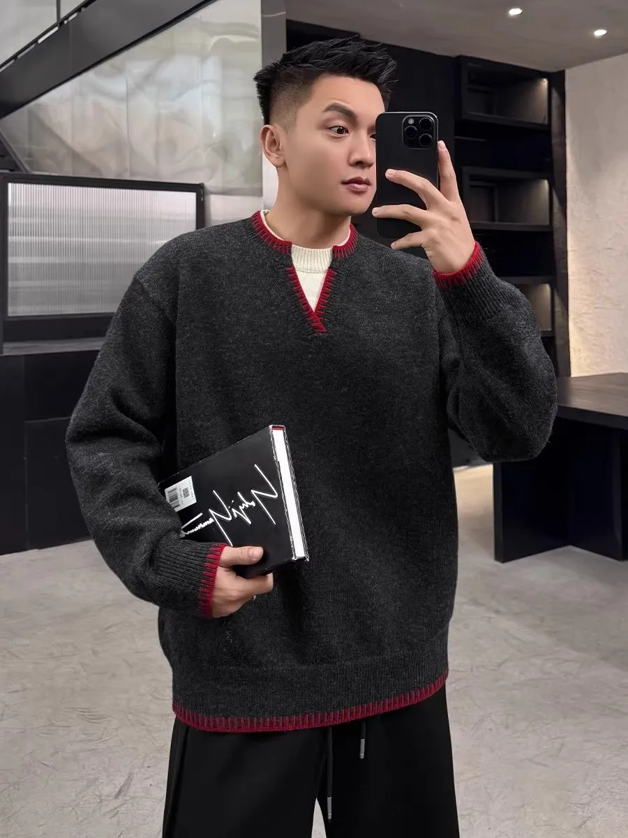 

Мужской свободный утепленный свитер с V-образным вырезом, в стиле колор-блок, повседневный вязаный топ, теплая внутренняя одежда, модная весенняя верхняя одежда для пар