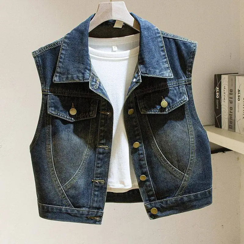 Small Denim Vest Womens Spring and Autumn New Korean Version Large Size Loose and Thin Short Sleeveless Vest Jacket
