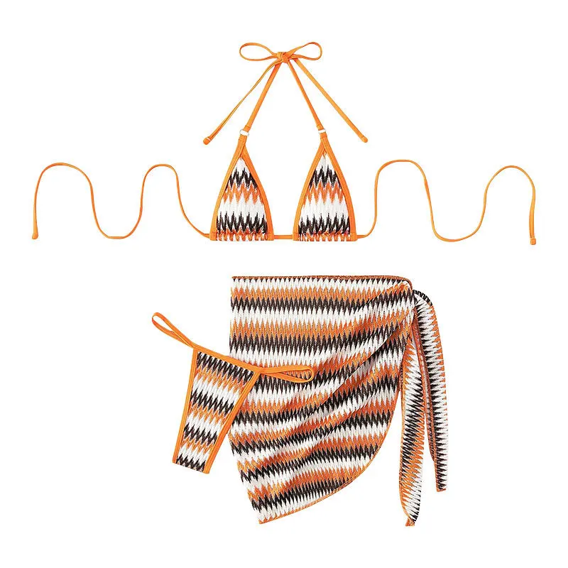 New Striped Printed Triangle Cup Bikini Three-Piece Set Sexy Lacing Beach Dress Swimsuit for Women