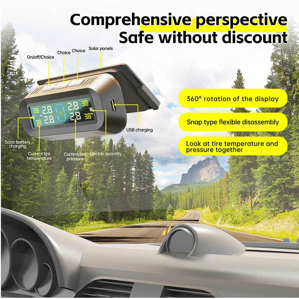 Autobandenspanningscontrolesysteem Temperatuurwaarschuwing Brandstof Bespaar met 4 externe sensoren Solar TPMS Autobandenspanningsmonitor