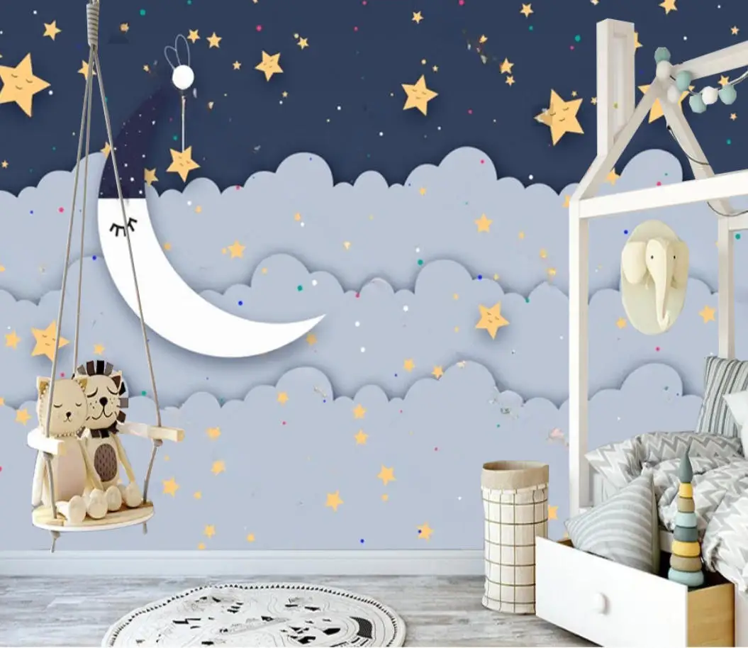 

Custom wallpaper hand drawn romantic clouds starry cartoon children's room mural Nordic small fresh TV background wall wallpaper
