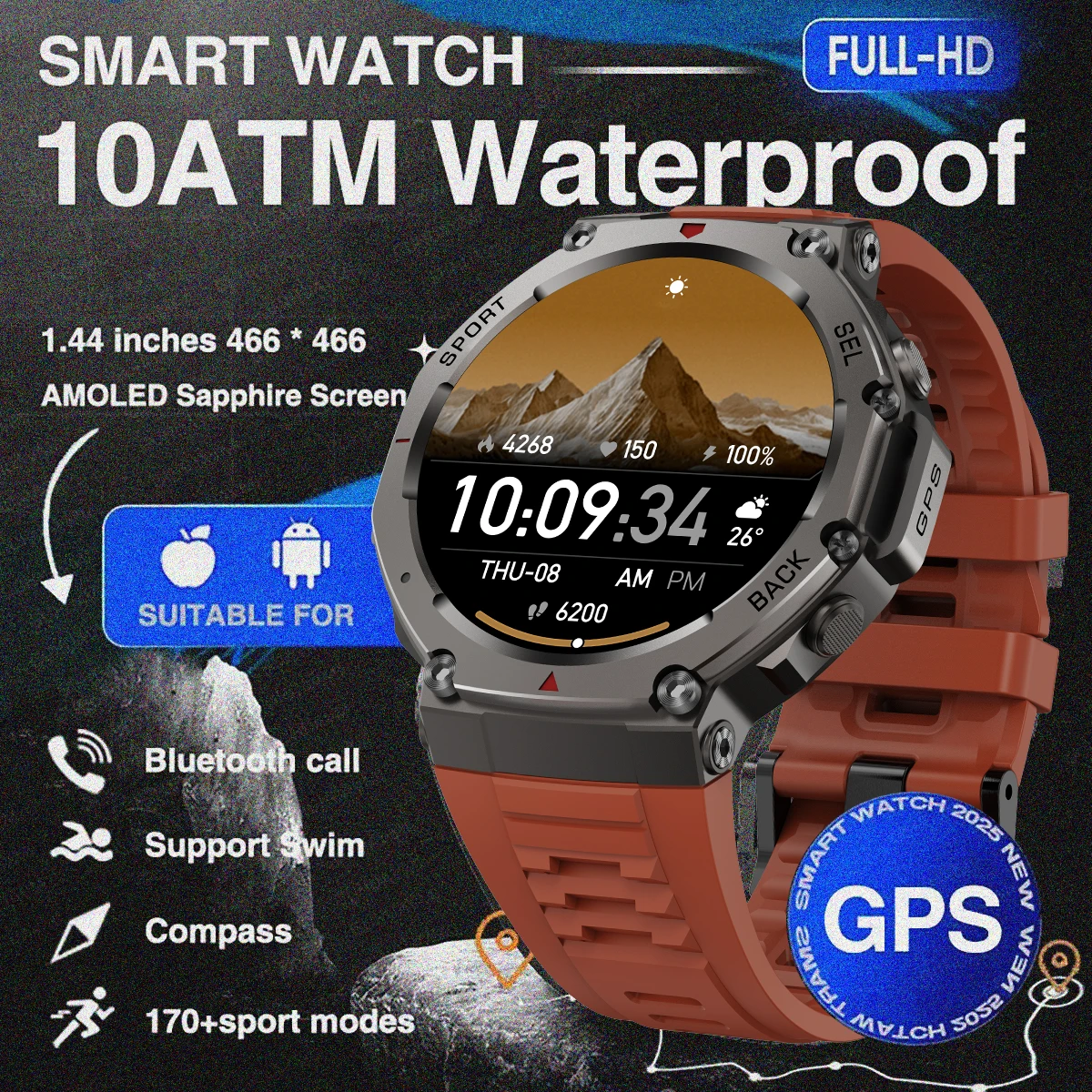 

2025 New For Xiaomi Samsung Smart Watch Men Bulit-in GPS Positioning 10ATM Waterproof 170 Sport Mode BT Call Military smartwatch