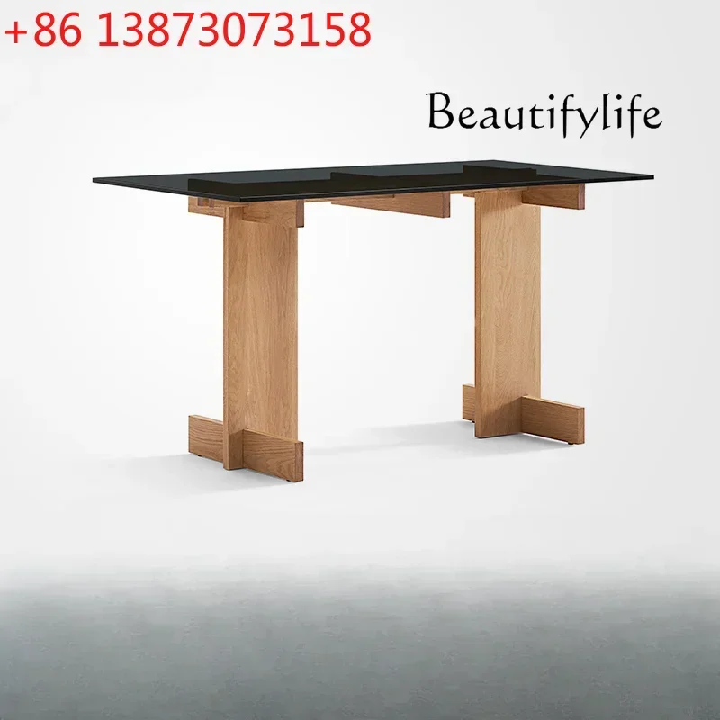 

Office Desk Household Glass Solid Wood Desk Chair Log Wind Modern Simple Computer Desk