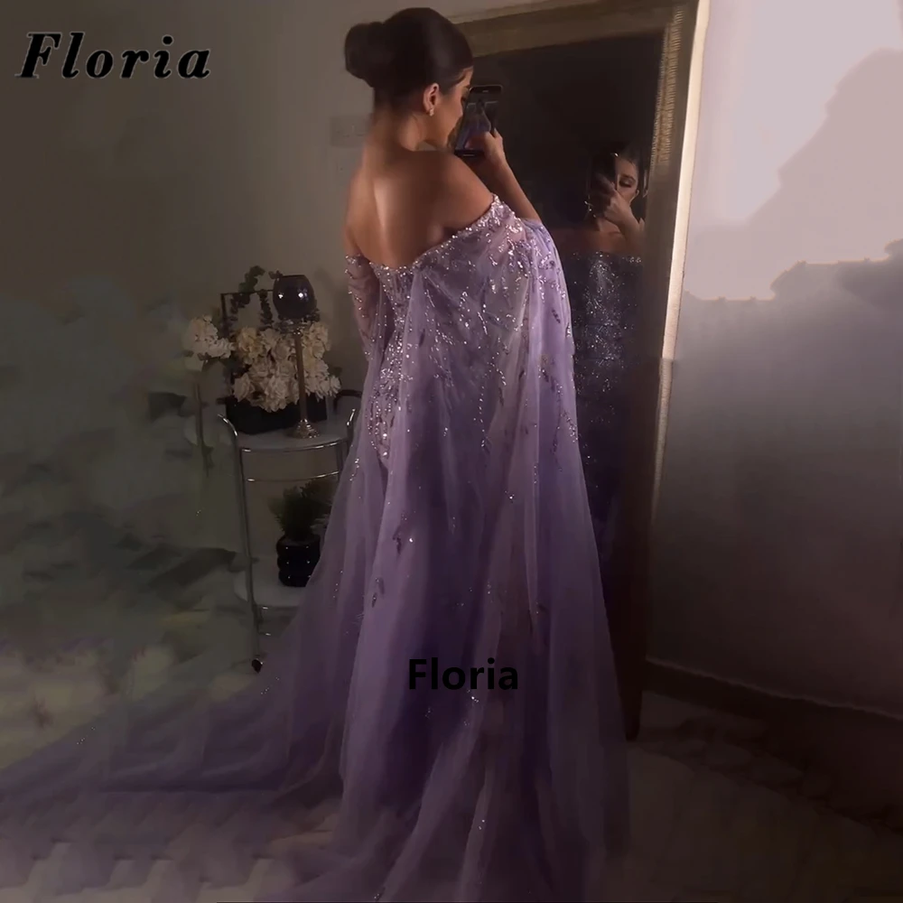 Floria Arabic Purple Mermaid Celebrity Dresses Sexy Backless Beaded Party Dresses Gowns Formal Women Feathers Long Evening Dress