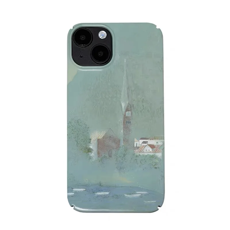 

Ins Green Oil Painting Town Case for IPhone 16E 15 14 13 Pro Max 12 Mini 11 Pro Plus XR Shockproof Protective Hard Acrylic Cover