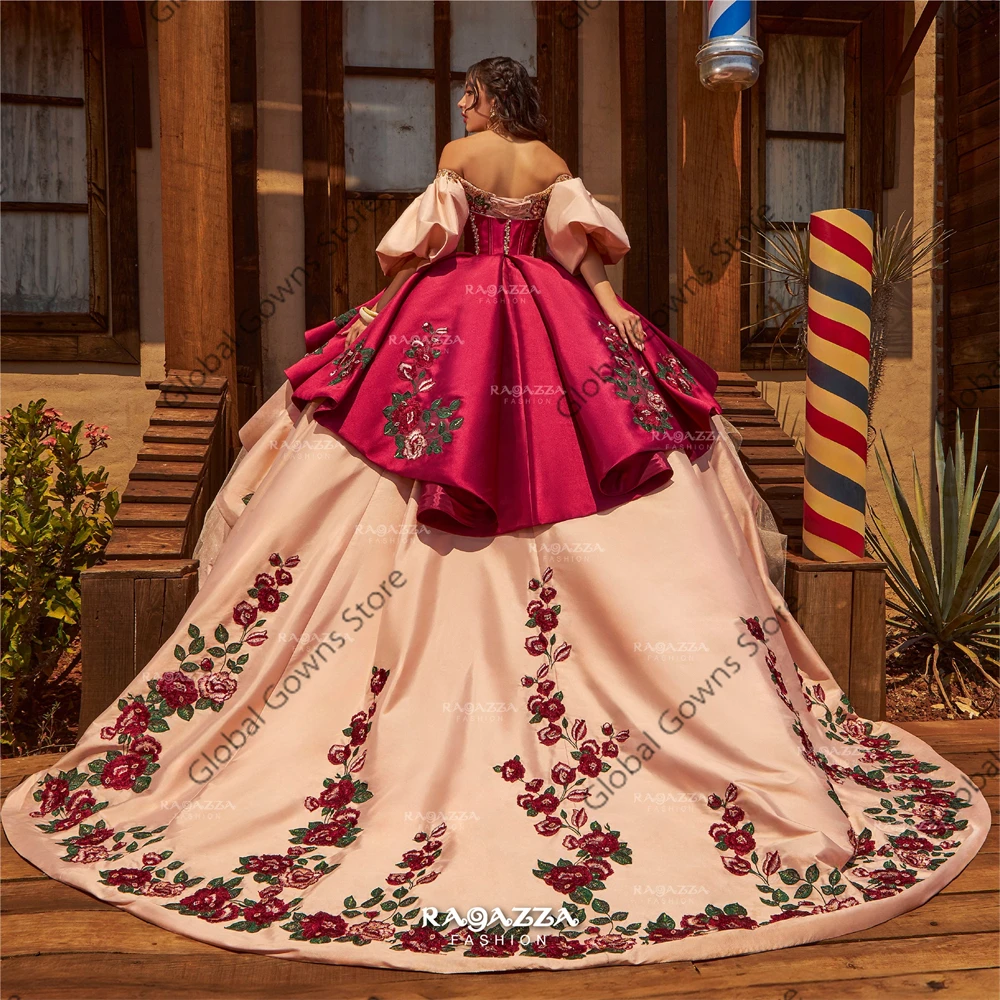 Mexico Pink Off The Shoulder Quinceanera Dress Ball Gown Bead Embroidery 2024 Birthday Luxury Dress Tiered Dresses With Sleeve