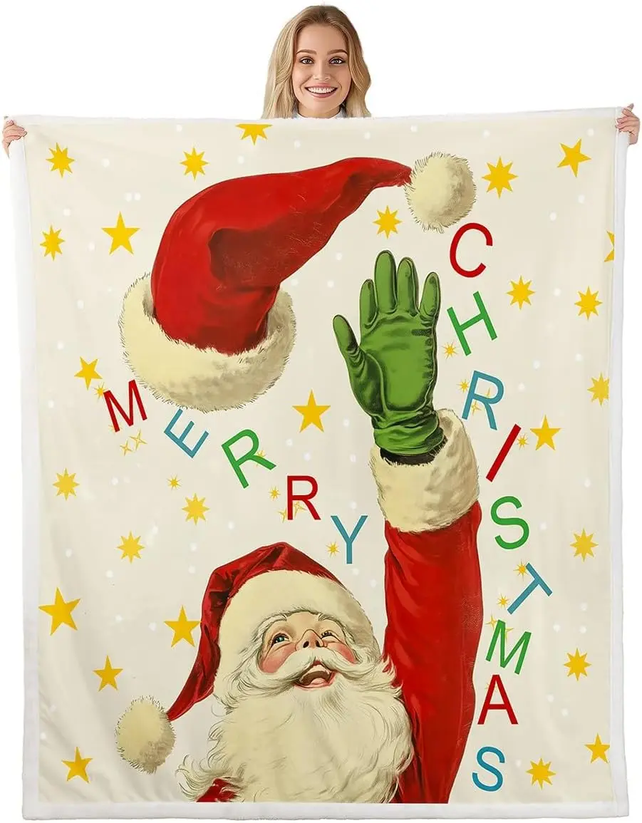 Castle Fairy Santa Claus Blanket Happy New Year Throw Blanket for Kids Retro Rustic Farmhouse Sherpa Blanket Xmas Santa Claus