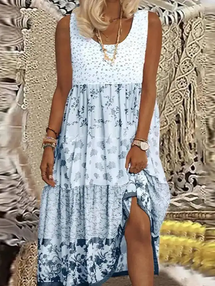 Plus Size Casual Damen Midikleid Sommer Neue Blumenmuster Ärmellos Flacher Ausschnitt A-Linie Böhmische Strandkleider