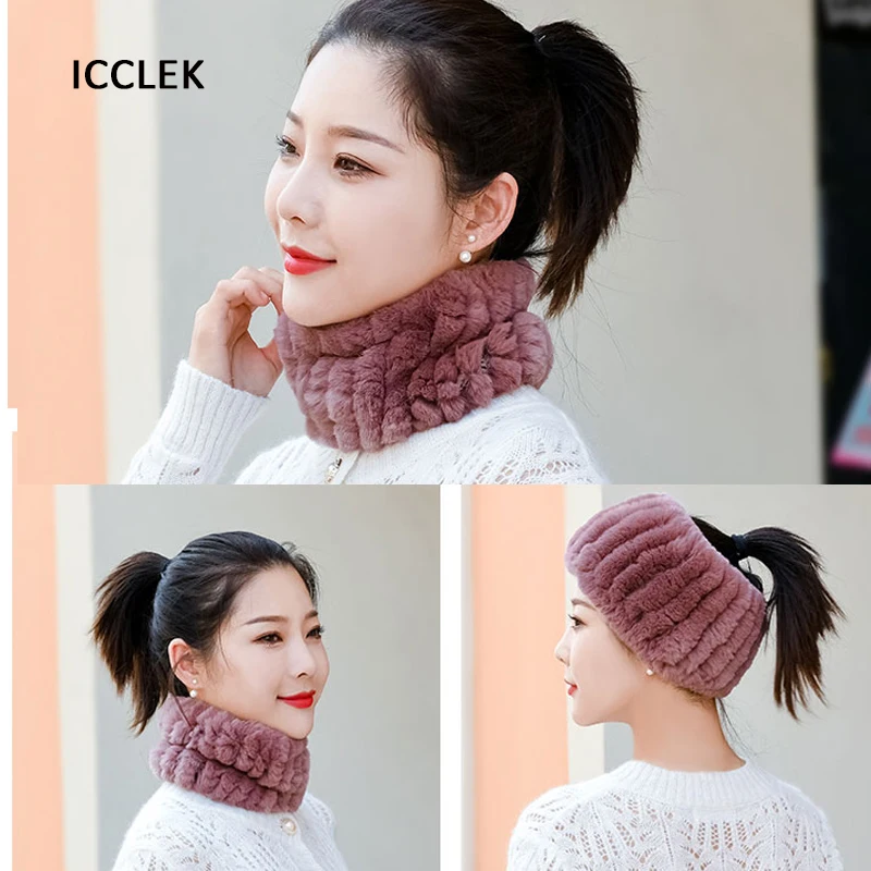 Women Real Fur Scarf Knit Genuine Rabbit Fur Headbands Winter Warm Neck Warmer Elastic Soft Fur Ring Cowl Snood Scarves