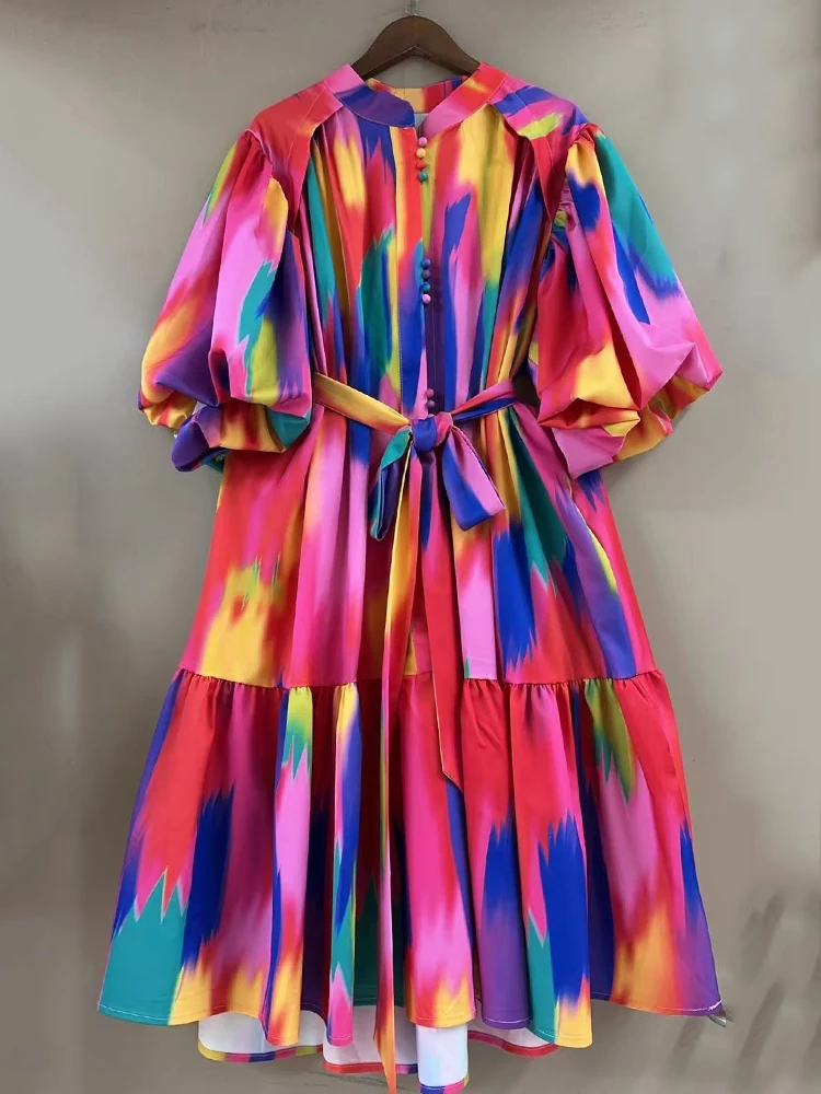 

2025 summer women's retro tie dye printed stand collar single breasted waist dress fashion loose pleated hem pompadour skirt