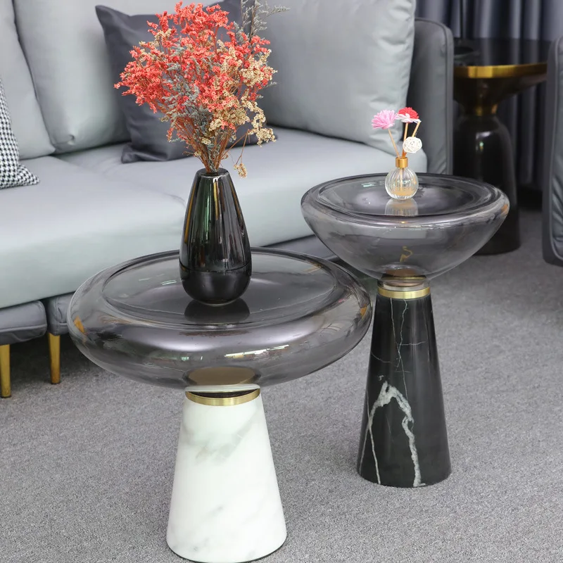 

Modern design coffee table side table tempered glass top marble base bronze connection luxury home furniture