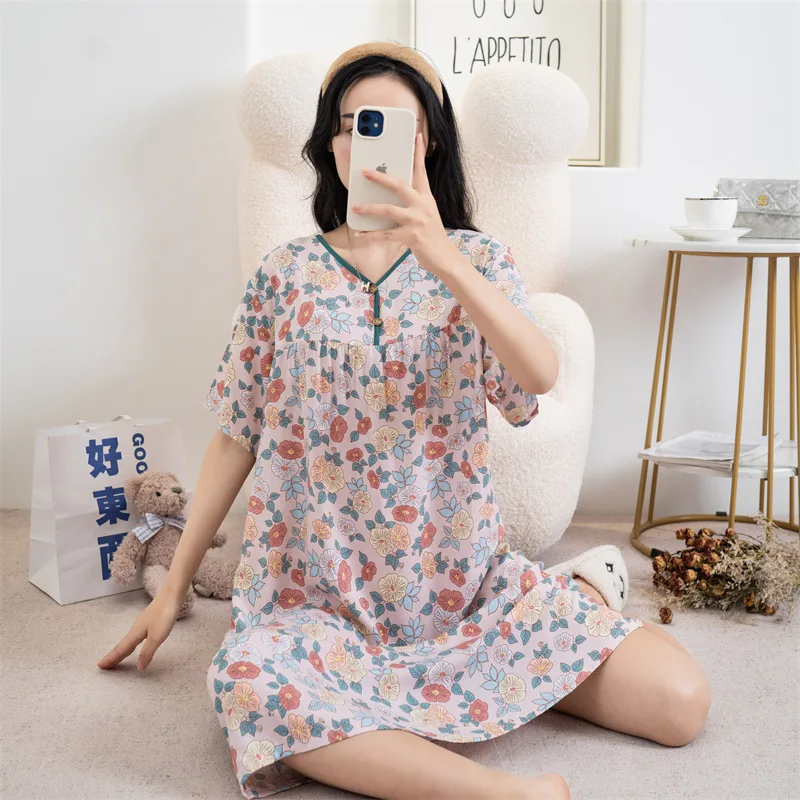 Cotton Rayon Sleep Dress Nightdress For Women Spring Summer Short Sleeve Printed Home Clothing New Large Size Ladies Nightgowns