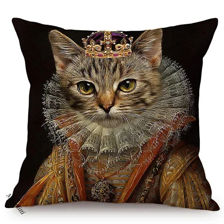 Cat Funky Animal Portrait Europe Renaissance Oil Painting Posters Style Decorative Throw Pillow Cases Linen Sofa Cushion Cover