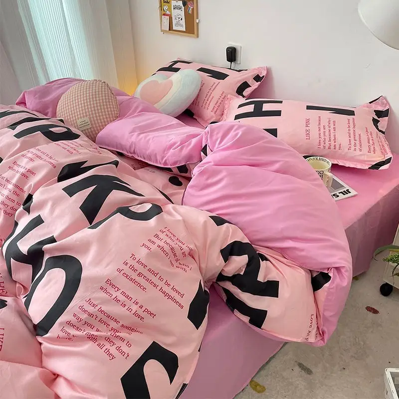 Juego de ropa de cama con letras rosas de estilo coreano, Sábana plana, funda de almohada, ropa de cama doble, tamaño Queen completo, funda de