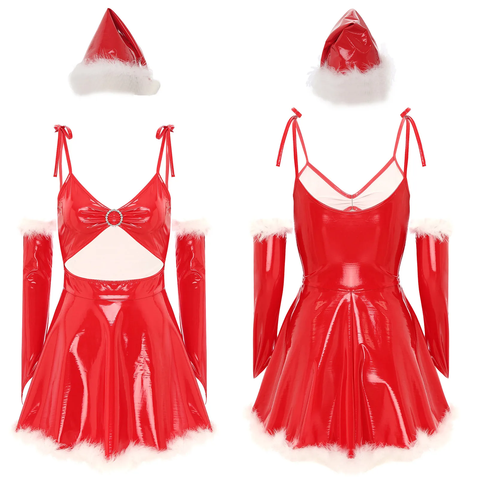 

Women Christmas Costume Dress Wetlook Leather Santa Claus Unifrom Skirts For New Year Evening Fancy Dressup Theme Party Roleplay